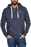 Man met donkergrijs regular fit sweater met capuchon, ritssluiting, witte veters en turquoise logo.