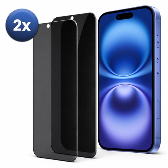 Twee privacy screenprotectors naast een blauwkleurige smartphone op witte achtergrond.