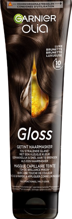 Garnier Olia Gloss tube met luxe bruine haarkleur en gouden olie druppel.