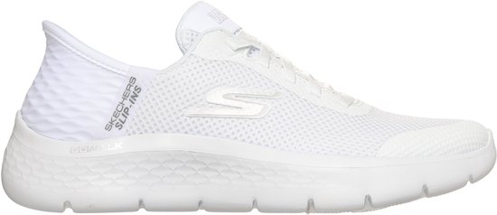 Witte Skechers GO WALK FLEX 'Slip-Ins' damessneaker, met golvend textiel op de hiel.