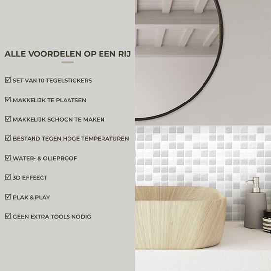 Voordelen van tegelstickers: 10 stuks, makkelijk te plaatsen en schoon te maken, hittebestendig, water- en olieproof, 3D-effect, plak & play, geen extra tools nodig.