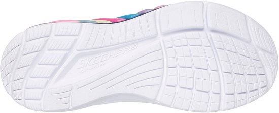 Zool van een navy sneaker met paarse, roze en turquoise glinsterende lijnen.