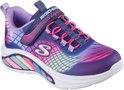 Navy sneaker met paarse, roze en turquoise glinsterende lijnen, regenboogaccenten op de zool en 'S-Lights' logo.