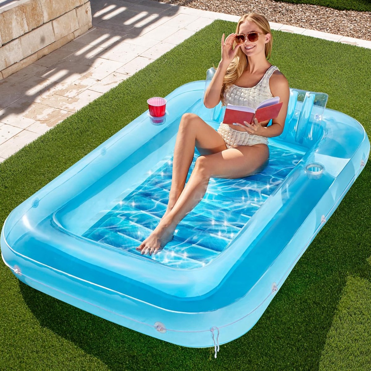 Mister GoGo Luxe Opblaasbaar Lounge Zwembad met Hoofdsteun – Tanning Bed – Comfortabel Luchtbed Zwembad – Tanning Bed - UV-Bestendig PVC – Met Bekerhouders – Voor Tuin & Terras