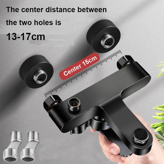 Zwarte douchekraan met twee montagedozen voor een afstand van 13-17 cm.