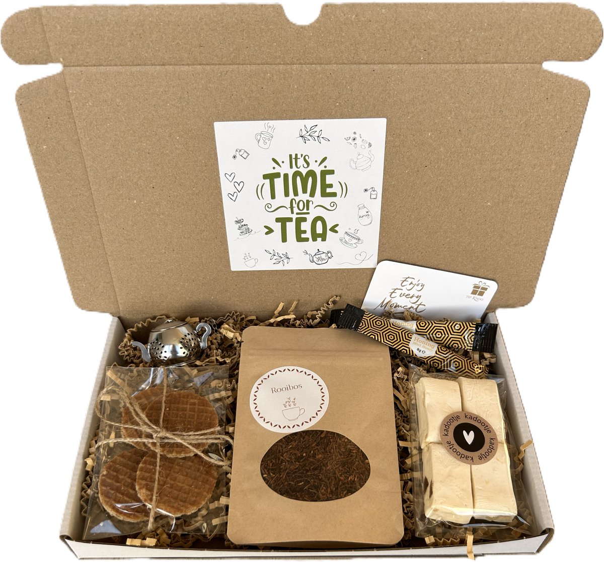 Thee brievenbus cadeau Rooibos - thee - honing - noga - stroopwafels