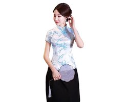 Etnisch Cheongsam Damesshirt met Korte Mouwen en Pruimenprint