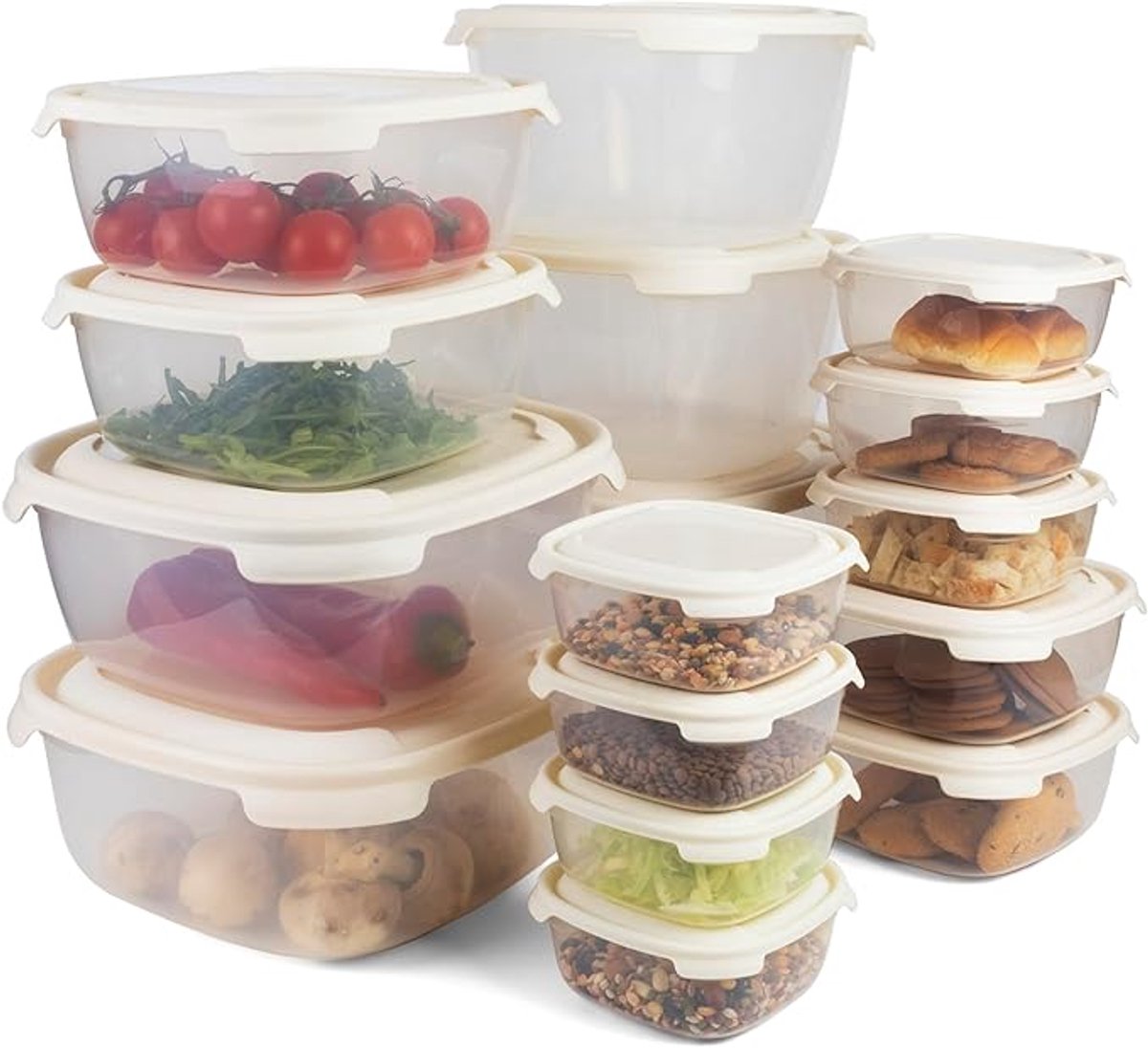 Voorraaddozen met deksel, vershouddozen, magnetronservies met deksel, vriesdozen, plastic dozen voor voedselopslag, set van 16, voorraaddozen, beige