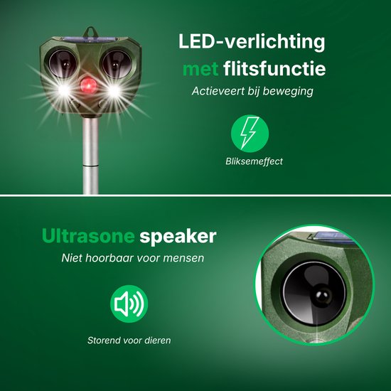 Liveno dierenvijver met knipperende LED-verlichting en ultrasone speaker. Niet hoorbaar voor mensen, storend voor dieren.