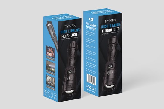 Verpakking van Besjaar zaklamp met afbeeldingen van de zaklamp en gebruiksscenario's zoals 'Power Outage' en 'Outdoor Lighting'.