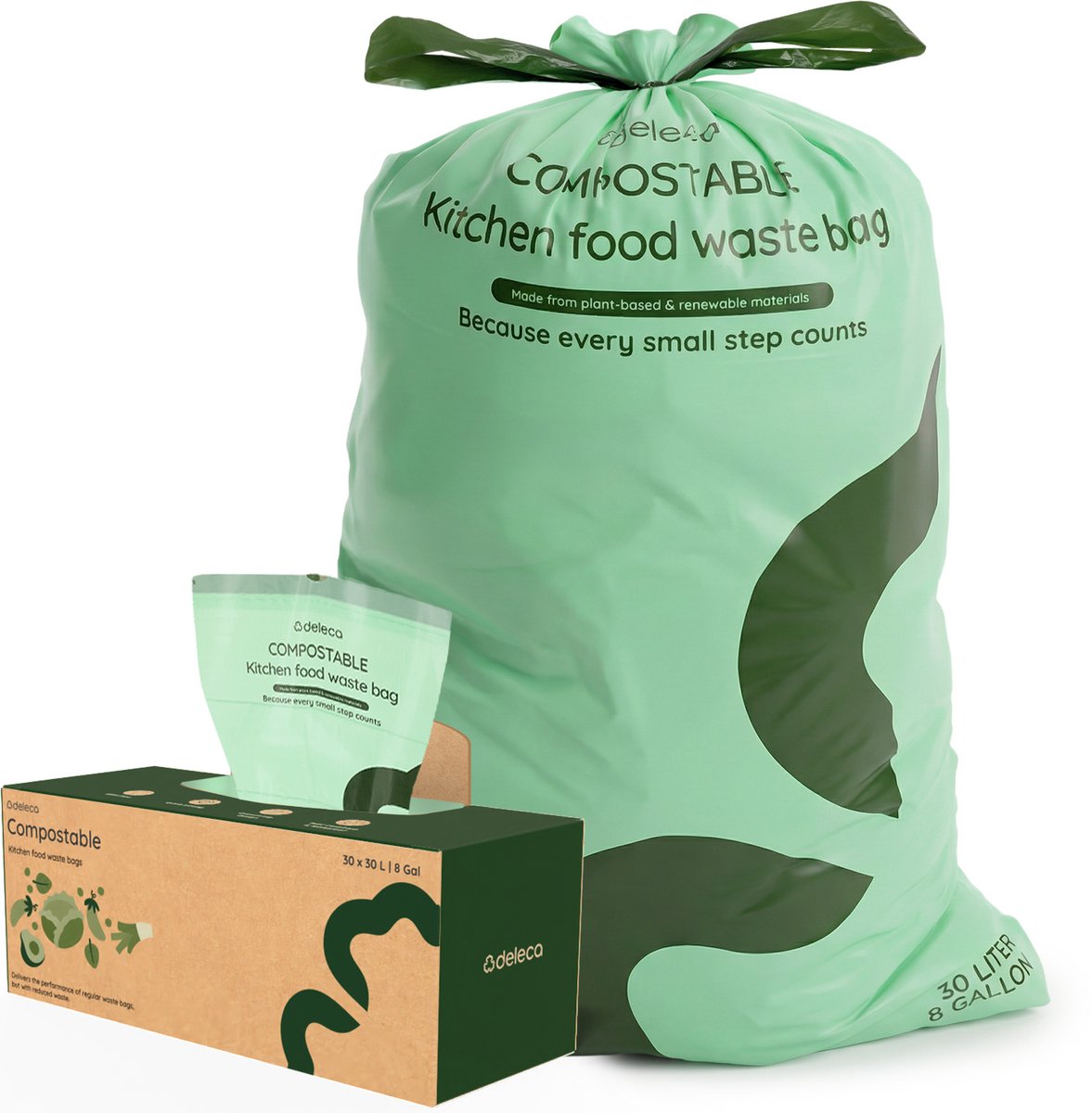 Deleca 30 Liter Vuilniszakken (30 stuks) - Biologisch Afbreekbare gft Afvalzakken - Incl. Dispenser - Voor Afvalscheiding Pedaalemmer & Vuilnisbak - 51x72 cm / 100% Composteerbare Biozakken