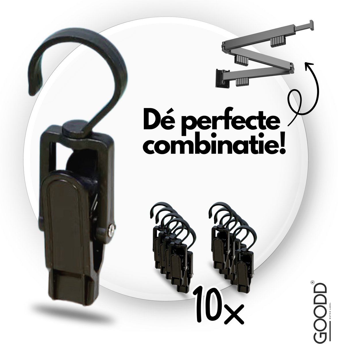 GOODD® - Wasknijpers - Knijpers - 10 STUKS - Met haak - Zwart - Droogrek knijpers - Wasrek knijpers