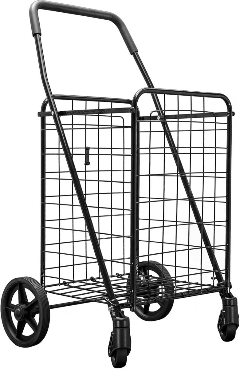 Opvouwbare winkelwagen met 360-graden wielen en dubbele mand