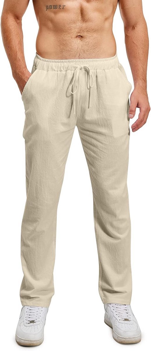 Linnen broek voor heren, casual zomer yogabroek met trekkoord, lichtgewicht strandbroek XL