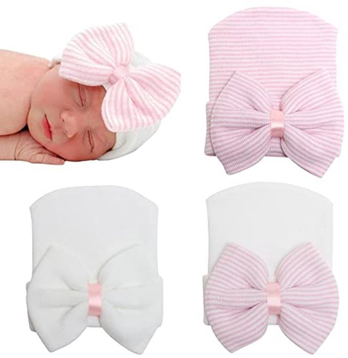 Pasgeboren Ziekenhuis Hoed - 4 Stuks Zachte Baby Beanies met Grote Boog