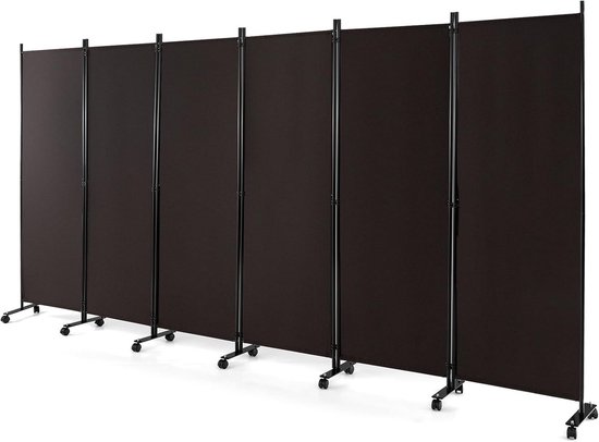 Donkerbruin, 6-delig kamerscherm met zwarte metalen staanders en zwenkwielen.