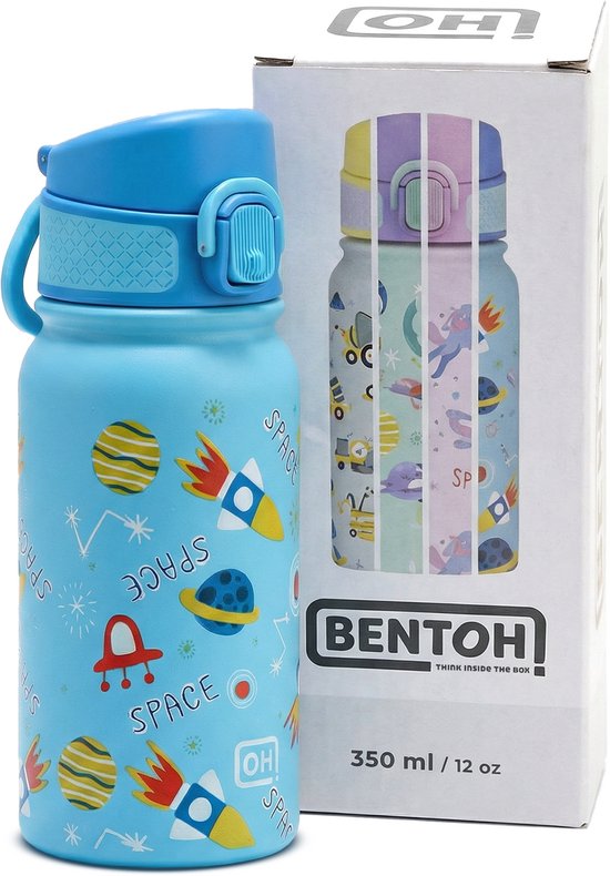 BentOH! RVS Waterfles 350ml voor Kinderen - Ruimte - Anti-overloop & Lekvrij – Met Eén Hand te Openen – BPA-vrij & Vaatwasserbestendig