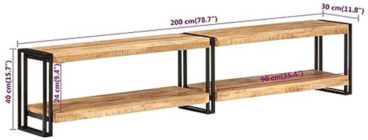 Moderne TV Kast van Massief Mango Hout 200x30x40cm - Meubel voor Media en Entertainment