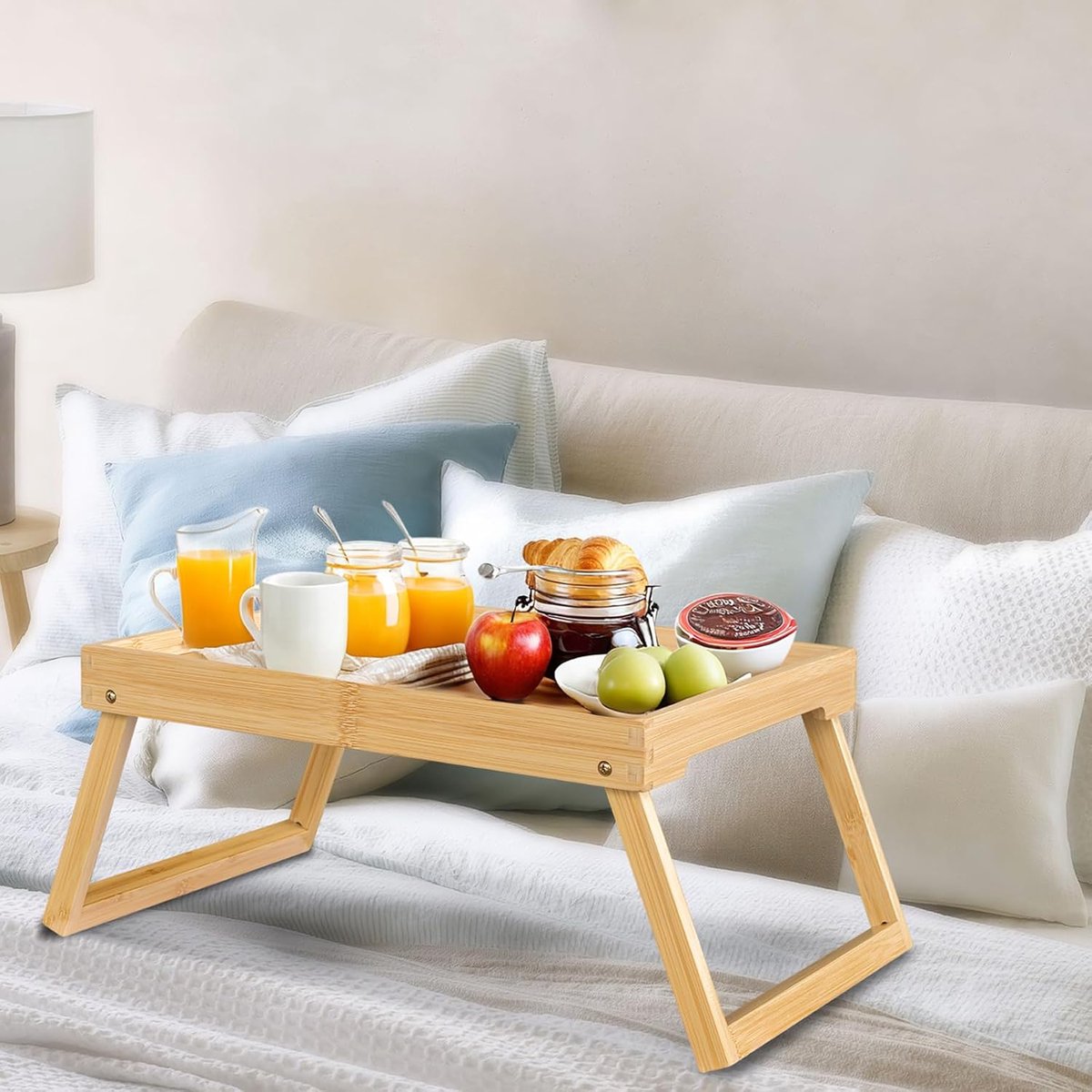 Candala Ontbijt in bedlade om te eten, bamboe bedlade tafel met vouwbeen, ontbijtbedtrays voor keuken dienblad, bank, snacken of werken, laptop, bureau, snacklade in bed (1, beige)