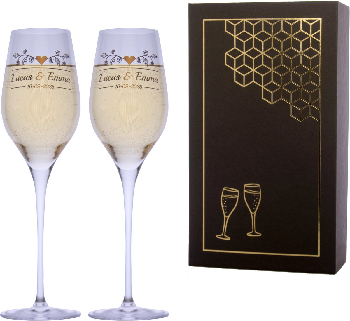 Set champagneglazen - Romantic - gepersonaliseerde gouden opdruk - namen & datum - kristal - huwelijk - bruiloft - bruidspaar - feest - cadeau - champagneglas - origineel - verloving - jubileum