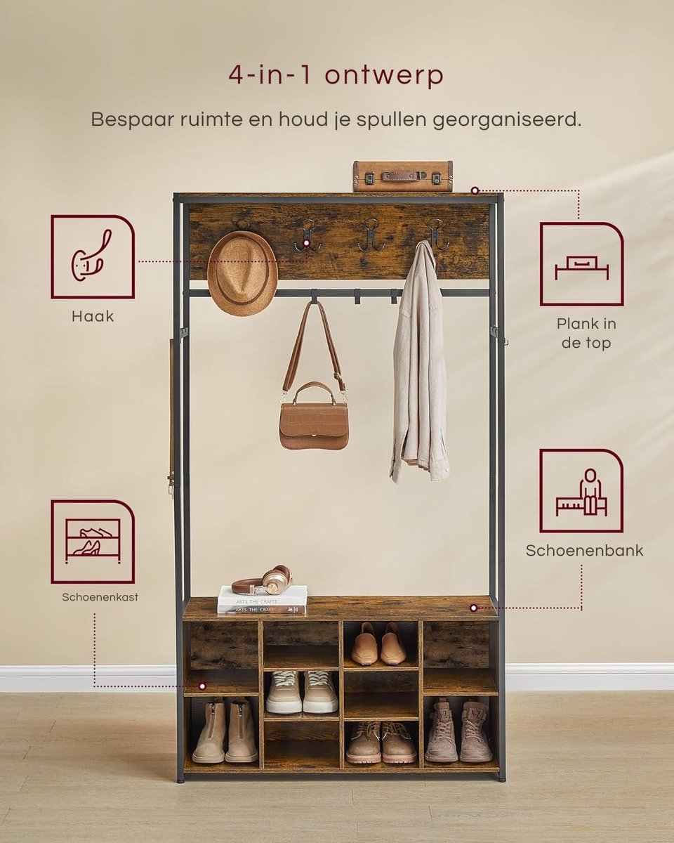 Kapstok - Kapstok Groot - Kledingrek - Garderobekast - Schoenenkast - Schoenenrek - Zitbank - Hout/Metaal - Gang - Hal - 32x100x180CM - Verstelbare planken – foto 4