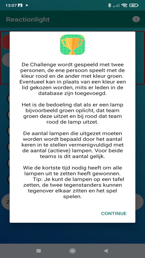 Screenshot van een app met uitleg over Reactionlight uitdagingen.