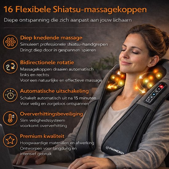 Phonergy Treatflow - Massagekussen - Draadloos - Elektrisch Apparaat - Nek en Schouder - Warmtefunctie met Infrarood - Draagtas -Zwart