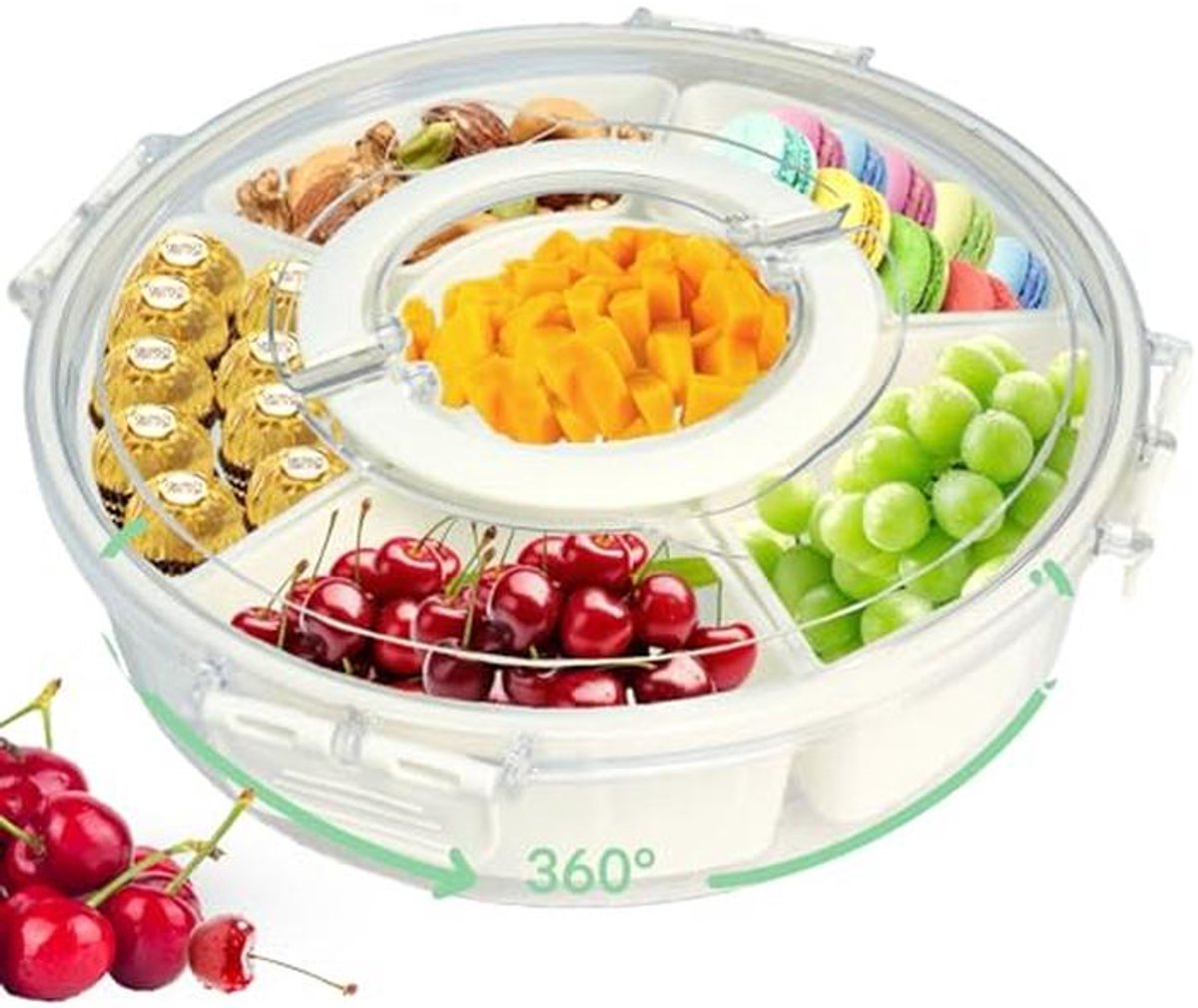 Snackschaal met deksel en 6 vakken - Snackbox met handvat voor groenten, fruit en kruiden