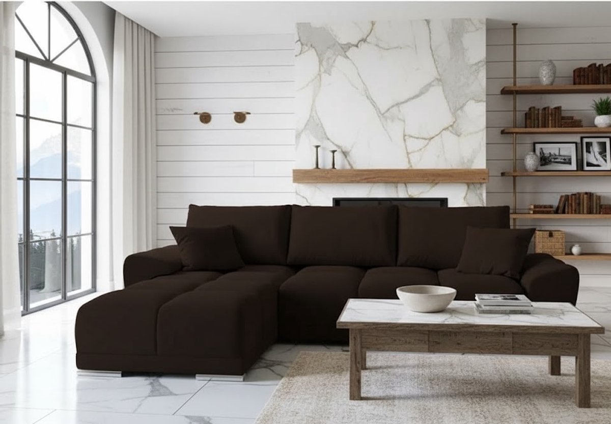 L-Vormige Fluwelen Hoekbank met Slaapfunctie en Opbergruimte – Luxe Uittrekbare Slaapbank 289x189 cm met Kussens – Comfortabele Chocolade Hoekbank Bedfunctie – CollFeel Schuim – Ganeey