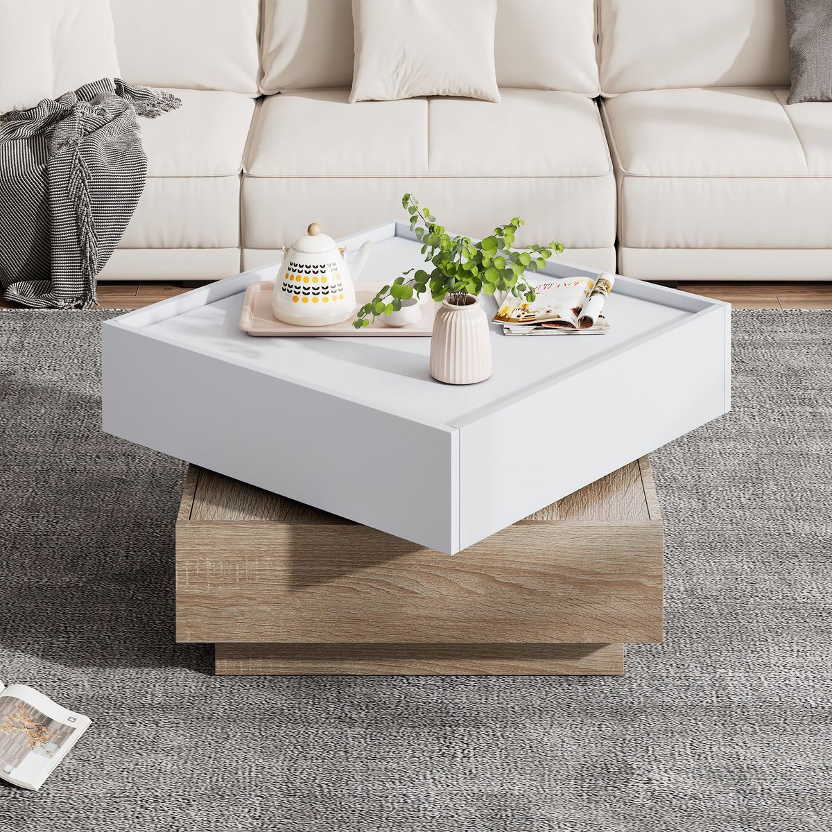 OKWISH Salontafels - Salontafel Met Lade En Draaibare Bovenkant - 2 Etages Opbergruimte - 60x60x38 cm - Spaanplaat - Onbehandeld