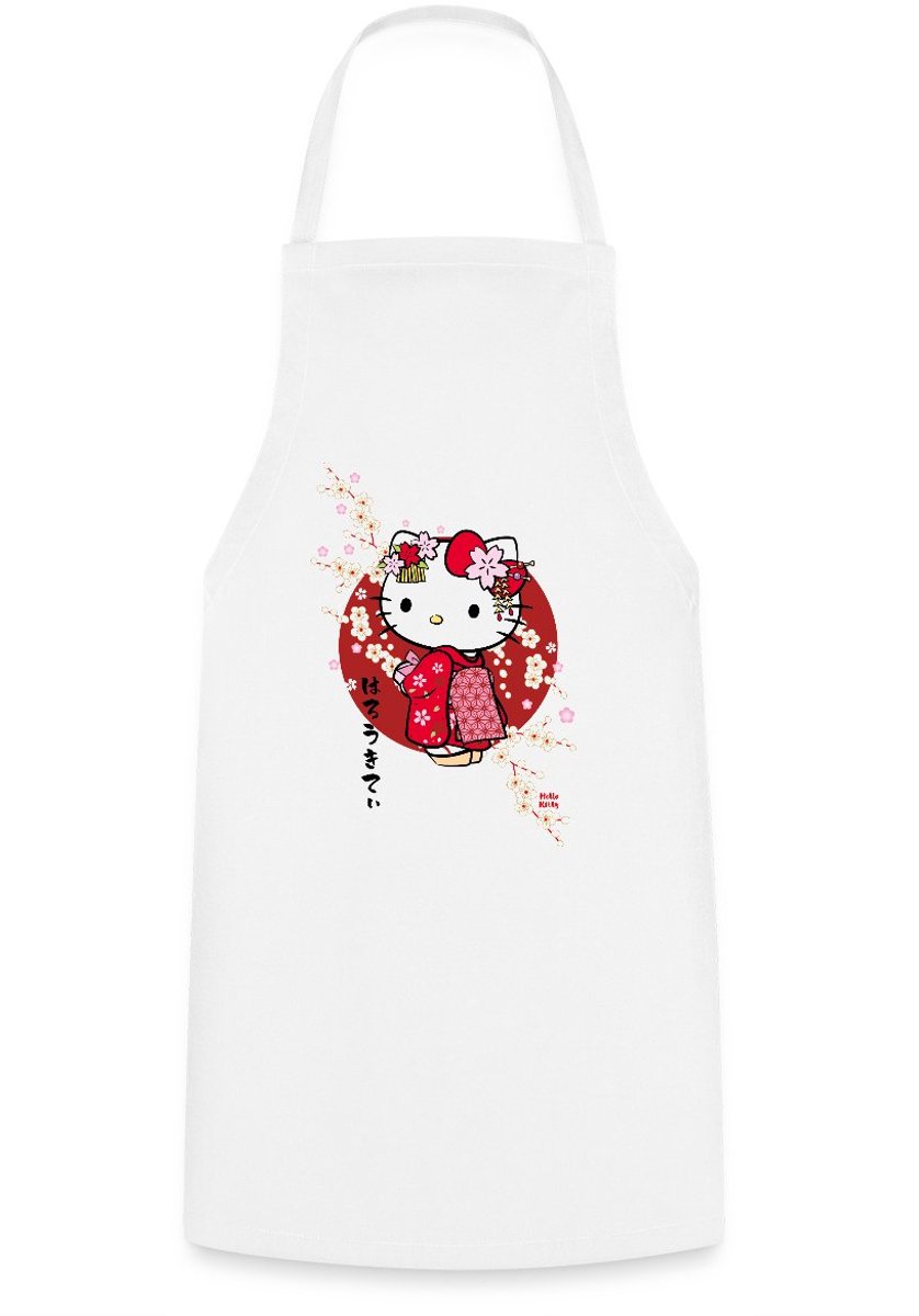 Hello Kitty In Een Rode Kimono En Kersenbloesems Keukenschort