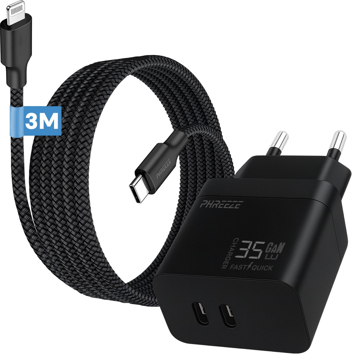 Usb C oplader geschikt voor iPhone iPad met Lightning kabel - 3 meter - Snellader - Met twee usb C poorten