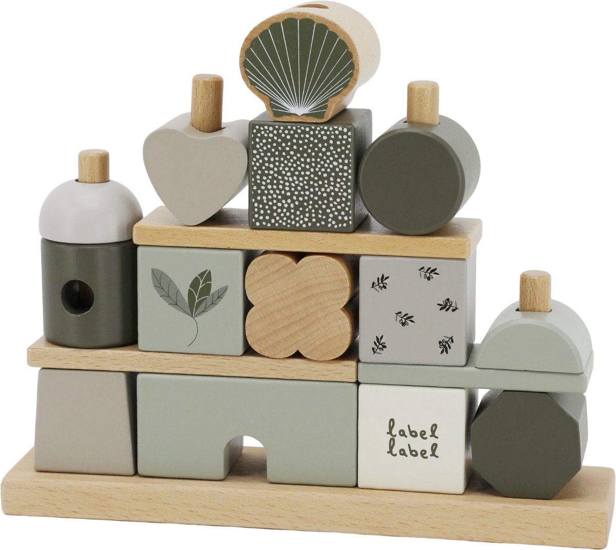 Label Label - Houten Blokken Set - Olijfgroen - FSC Hout - 14 Blokken en Rekje - Stimuleert Fantasie en Hand-Oog Coördinatie - Geschikt voor Kindjes vanaf 18 Maanden