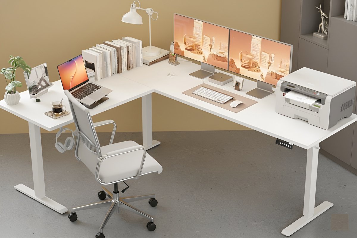 L-Vormig Elektrisch Verstelbaar Zit-Sta Bureau 190x155 cm – Ergonomisch Hoekbureau met Geheugenfunctie, Stil Motor Systeem & Anti-Botsing – Grote Computer Tafel voor Kantoor & Thuis – Wit – HomeByNicole