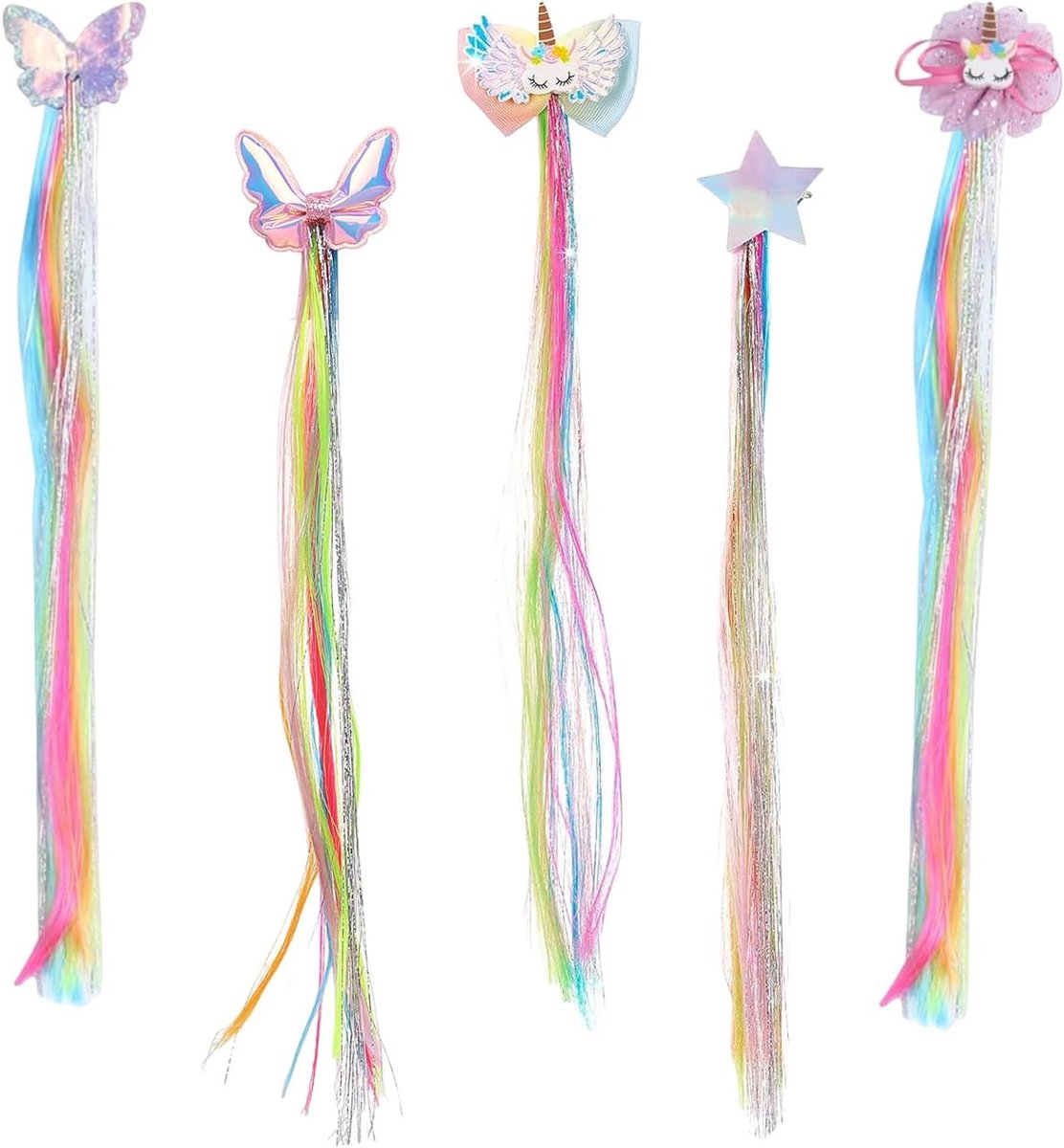 EGoods - Krullende Haarverlengingsclips voor Kinderen - Set van 5 - Ster, Eenhoorn, Boog, Prinses - Meisjes Haaraccessoires - Kleurrijk Haarstukje - Synthese - Party