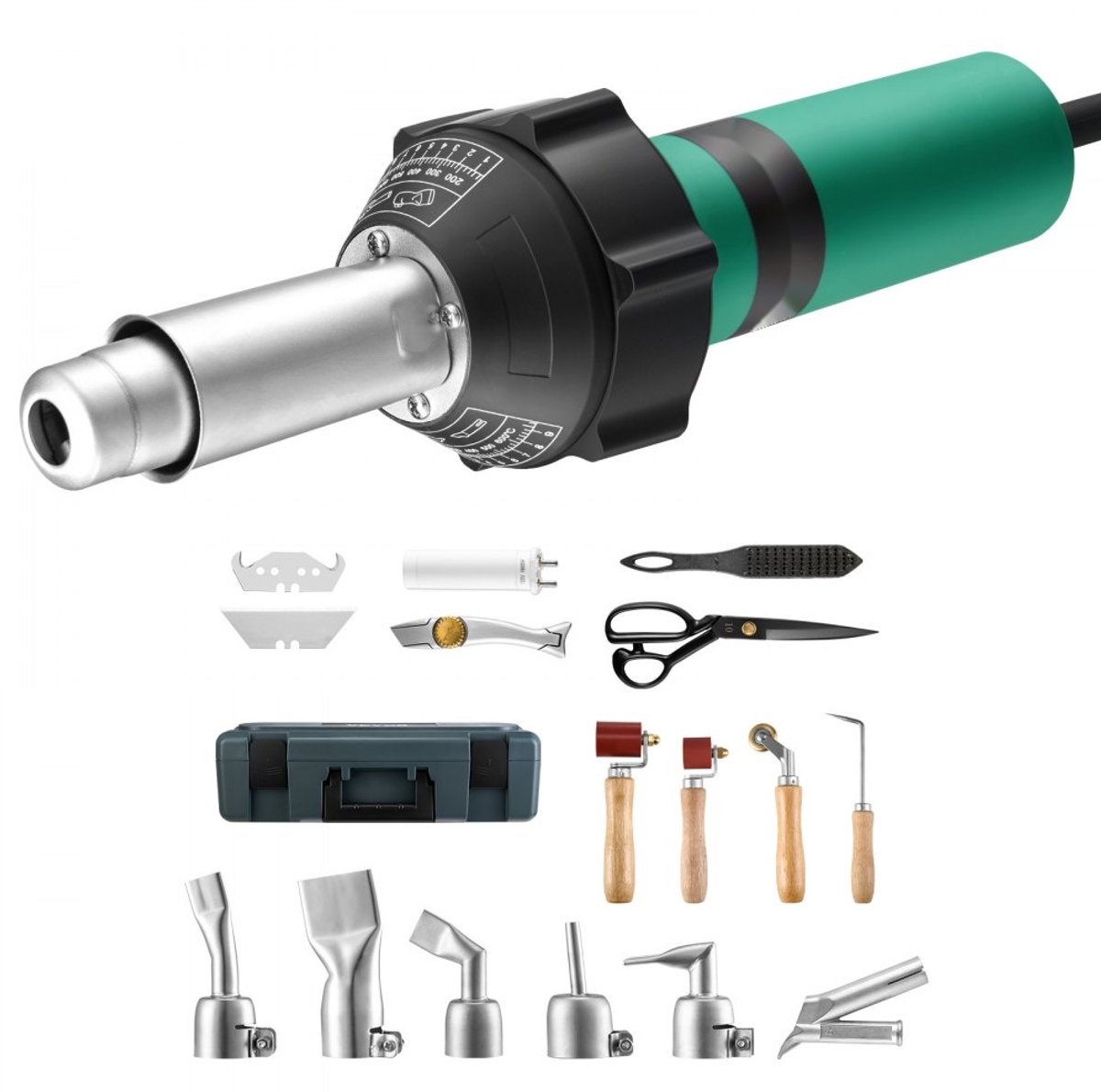 Heteluchtlasapparaat voor Kunststof - 1600W Heteluchtpistool - 50–600°C Verstelbaar - Voor PVC/PP/PE/TPO/Vinyl - Set met 17 Accessoires - Koffer, Mondstukken, Drukrol, Messen