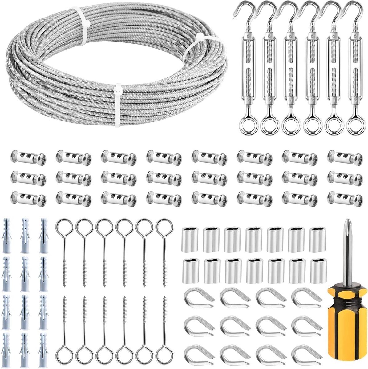 EGoods - Tuindraad 30 meter met roestvrijstalen kabel en spanschroef - Kabelrailing kit voor klimplanten en hek - 3mm draadkabelkit