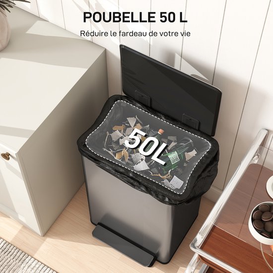 Zilverkleurige prullenbak van 50L met een open deksel en een volle zwarte vuilniszak.