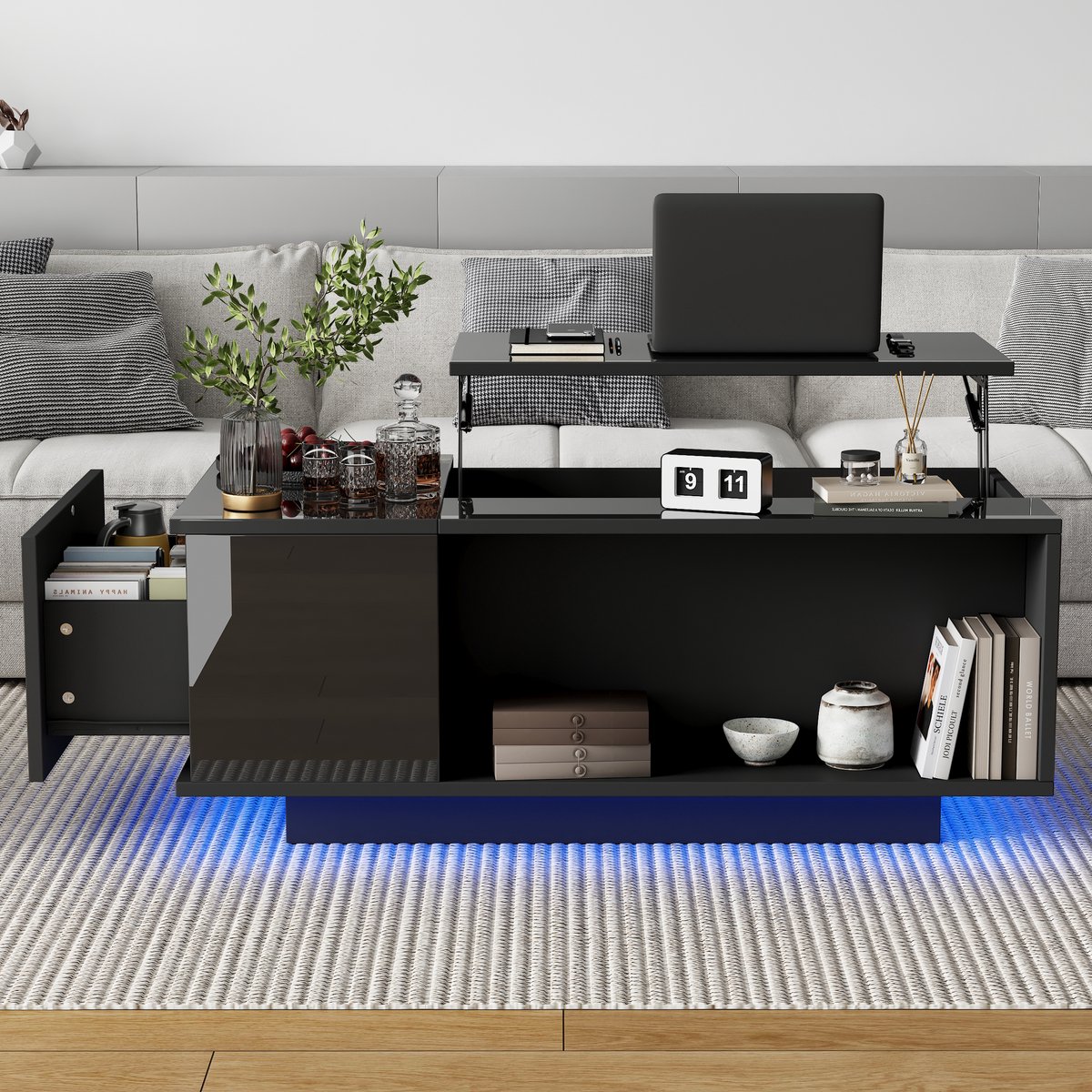 MODFU Zwarte hoogglans salontafel 100x50x40 cm, in hoogte verstelbaar met verborgen opbergruimte, LED en lade