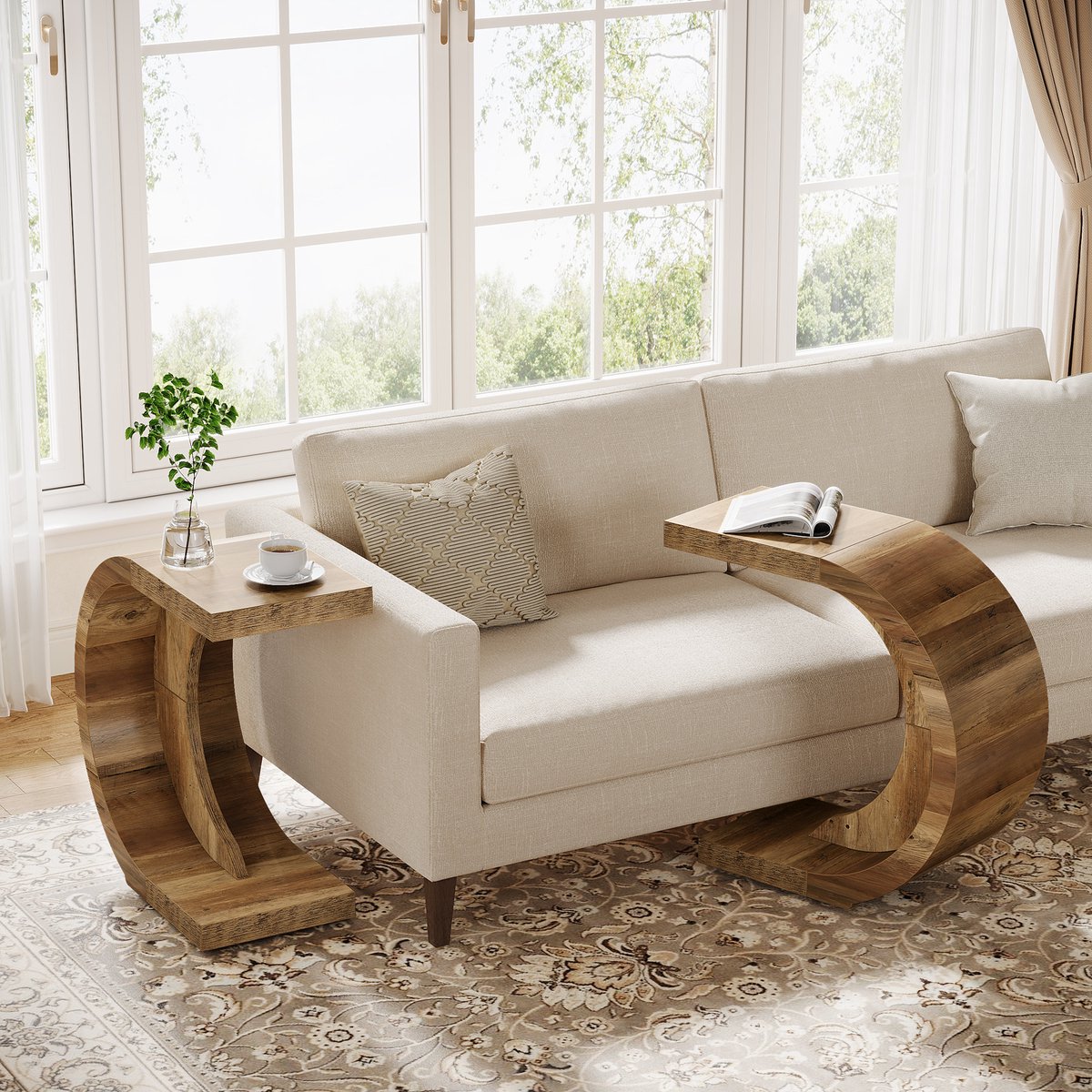 Tribesigns Set van 2 Bijzettafel - Bedtafel - Zijtafel - C-vormig - 70 x 30 x 65 cm - Nachtkastje Kleine Salontafel voor Woonkamer Slaapkamer - Bruin Bruin Set van 2
