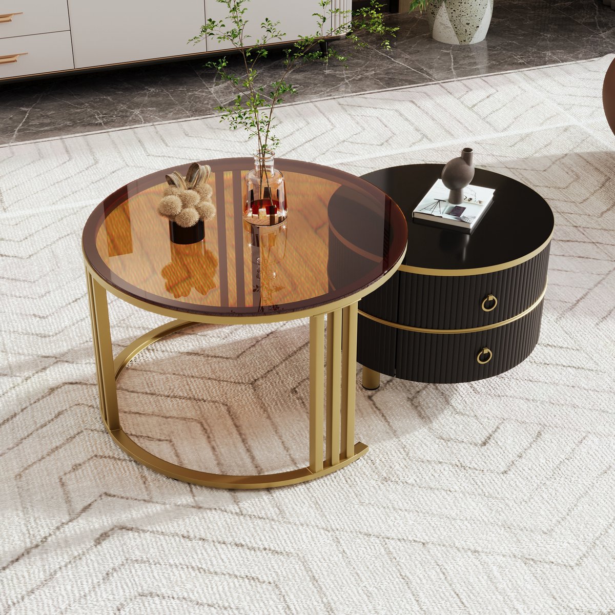 OKWISH Koffietafel - Rond 2 Delige Set Met Glasplaat En 2 Laden - Modern En Praktisch Voor Woonkamer - 70x70+50x50 cm - MDF + Plastic + Glas + Metaal - Zwart, Bruin