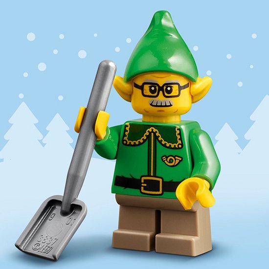 LEGO elf met bril, groene outfit en schep.
