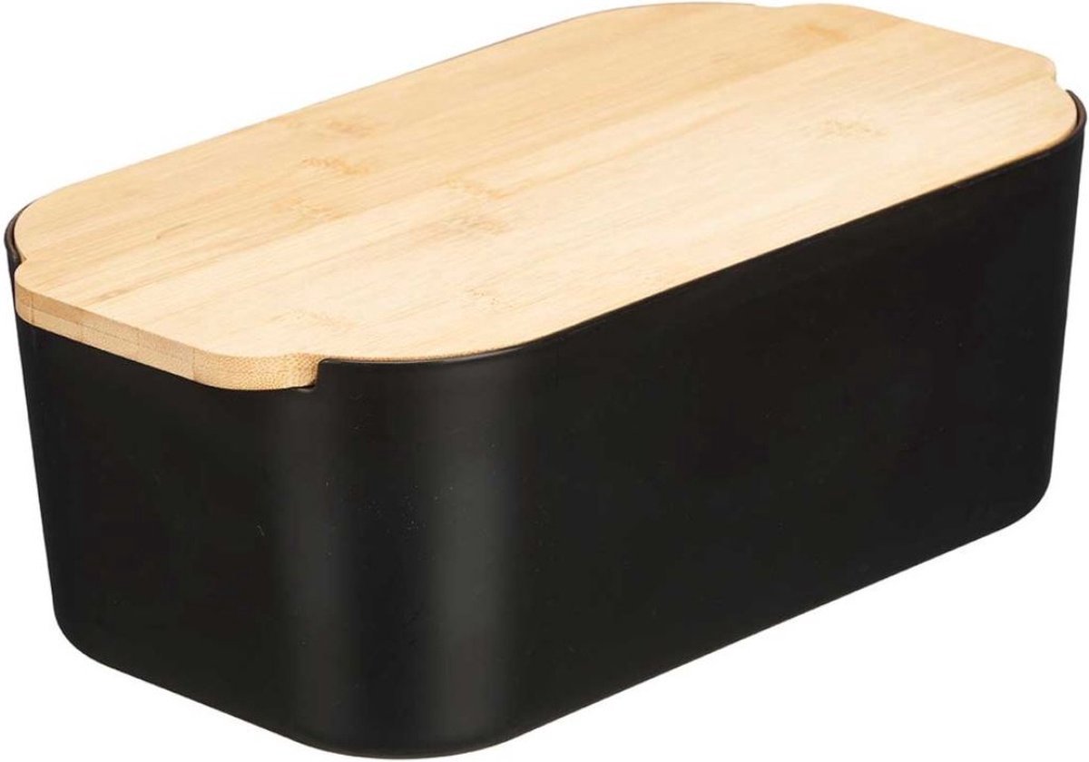 Broodtrommel - Broodbak - Brood Opbergdoos - Vershouddoos - RVS - Zwart - Bamboe - Deksel - 18.5x33x12 cm - 4,5L