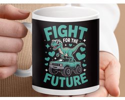 Mok met Dino op Monster Truck Design, Fight For The Future Mug, Grappige Dinosaurus Mok, Unieke Koffiemok, Cadeau Idee, Tee Rex, Dino Truck