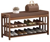 Schoenenrek met boomstamstructuur, massief houten poten, MDF, geel