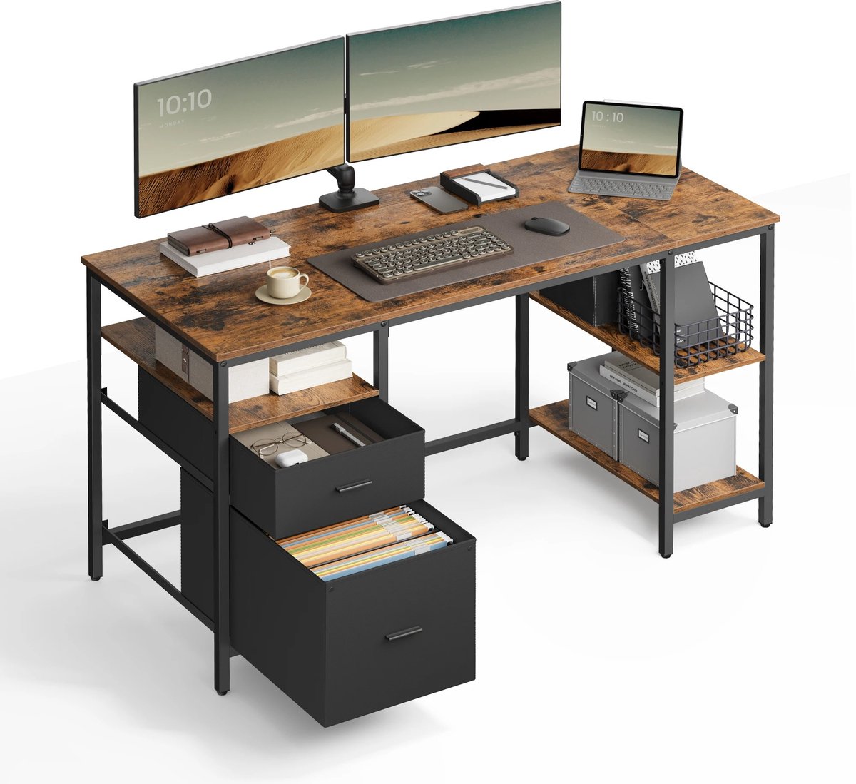 Bureau - Computer Tafel - Klassiek Design - Laptoptafel - Metalen Frame - Bruin/Zwart - 60x140x76 cm - Kantoor