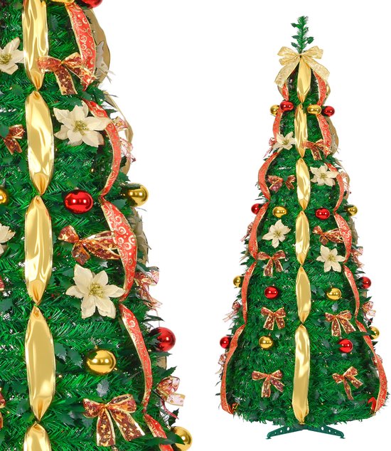 Pop-up Kerstboom met LED-verlichting - 8 Lichtmodi, Snel Op Te Bouwen 1,5m - Zilverwit (Rood/Goud) - Binnen & Buiten Gebruikbaar