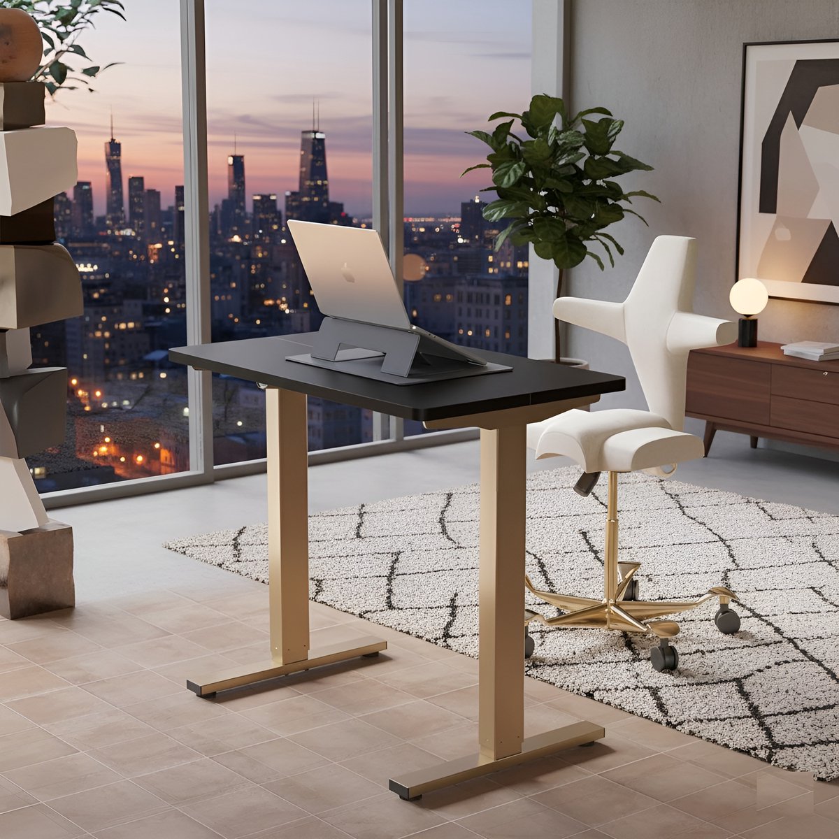 Elektrisch In Hoogte Verstelbaar Bureau 80x48 cm – 4 Geheugeninstellingen, Zwart Met Gouden Frame, Duurzaam Staand Bureau Voor Thuiswerk, Computerwerkplek & Kantoor – HomeByNicole