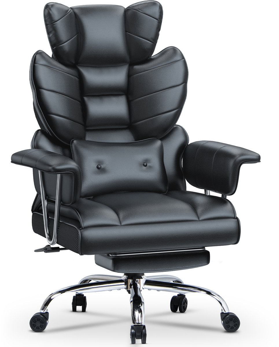 Bureaustoel met telescopische voetsteun - Grote Ergonomische Bureaustoel van PU-leer - draagvermogen 150 kg - lendensteun - verlengde armleuningen en hoofdsteun - Zwart - Bureaustoel - €149,99