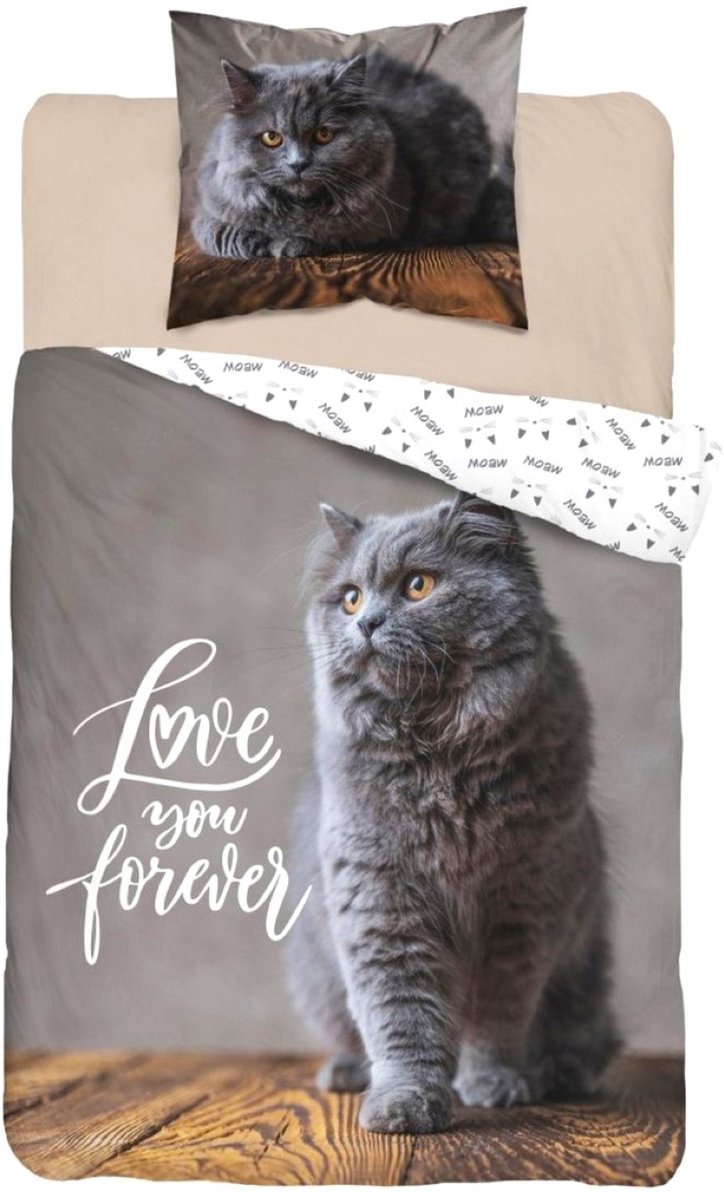 1-persoons kinder dekbedovertrek (dekbed hoes) grijs met lieve poes / kat / kater / kitten op een houten plank (tafel) KATOEN eenpersoons 140 x 200 cm (dieren beddengoed kinderkamer, cadeau idee!)